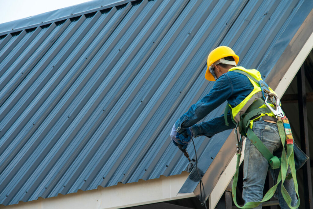 Construction Worker Wearing Safety Harness Belt During Working O