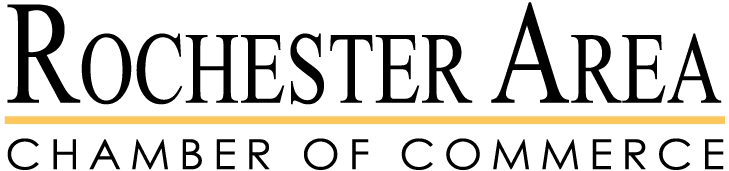 White Rochester Area Chamber Of Commerce Logo with a yellow line under Rochester Area.