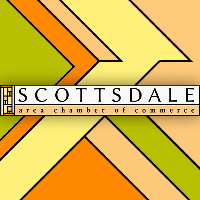 The Scottsdale Area Chamber of Commerce logo with a central title and a vibrant background of green, orange, peach, and yellow hues.
