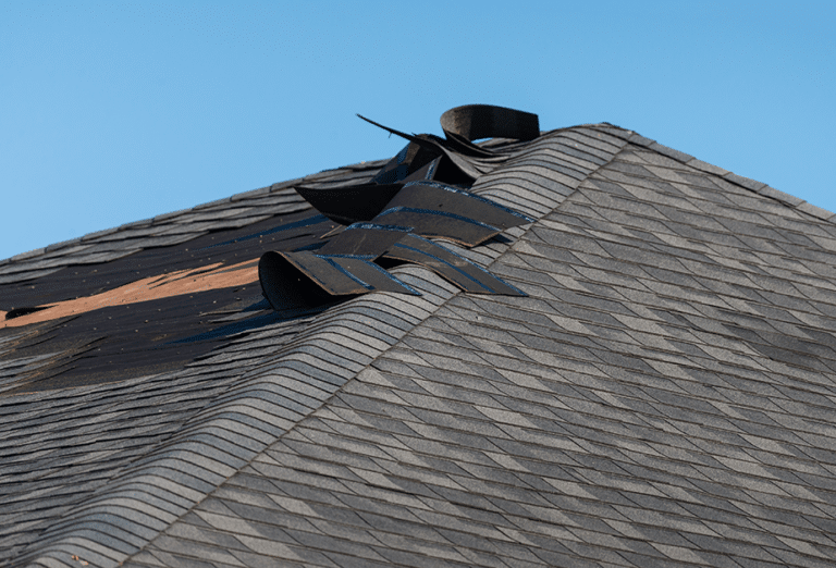 A medium close-up of wind-damaged shingles with wood decking exposed.