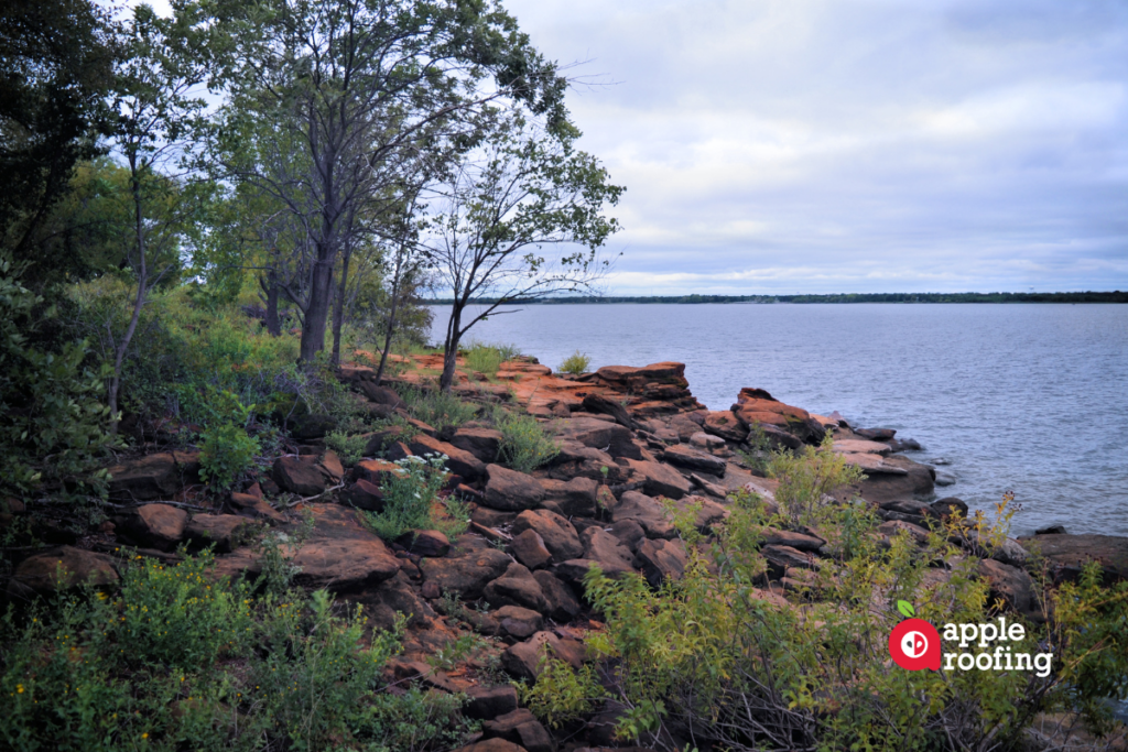 Rock formation next to lake